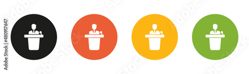 The speaker is on the podium. Performance. The conference. Lecture. Lecturer. Vector image.