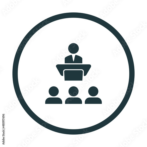 The speaker is on the podium. Performance. The conference. Lecture. Lecturer. Vector image.