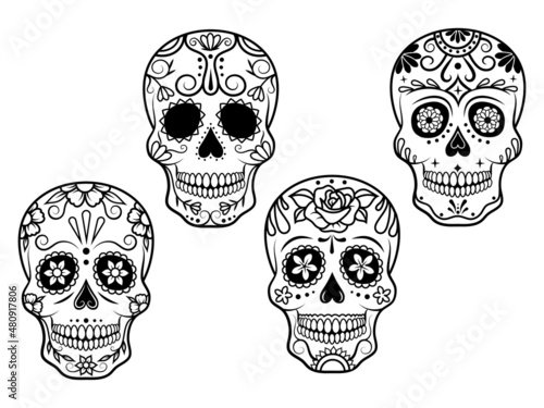 Set of sugar skull. Collection of  face sugar skull  for Day of dead. Symbol of the Mexican holiday. Vector illustration of  head with ethnic decor. Tattoo.