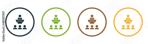 The speaker is on the podium. Performance. The conference. Lecture. Lecturer. Vector image.