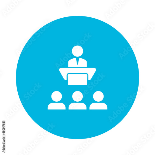 The speaker is on the podium. Performance. The conference. Lecture. Lecturer. Vector image.