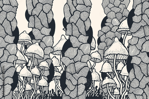 Hand-drawn abstract background with Psilocybin hallucinogenic magic mushrooms. Engraving style. Vector illustration