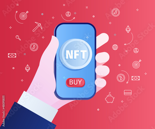 NFT nonfungible token text on screen of the phone on blue background. Pay for unique collectibles in games or art. For banner or news.