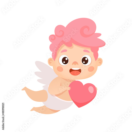 Cute flying cupid with heart. Vector cartoon character for Valentine's day © VudiArts