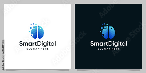 Smart Mind Brain Logo Design Template with gradient pixels digital logo