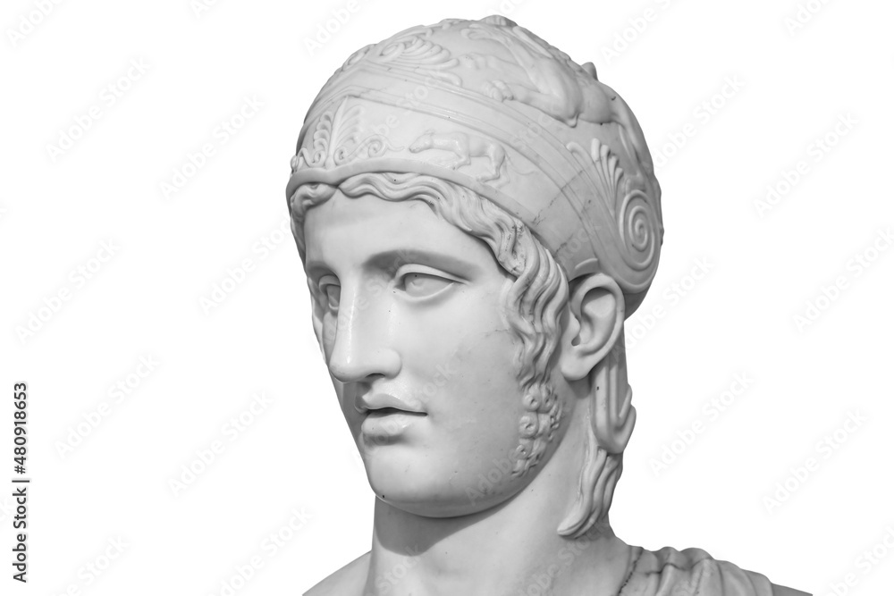 A statue of the ancient Greek god of war. Ares is the son of Zeus and Hera. One of the twelve gods of Olympus isolated on white background A statue of the ancient Greek god of war. Ares is the son of Zeus and Hera. One of the twelve gods of Olympus isolated on white background