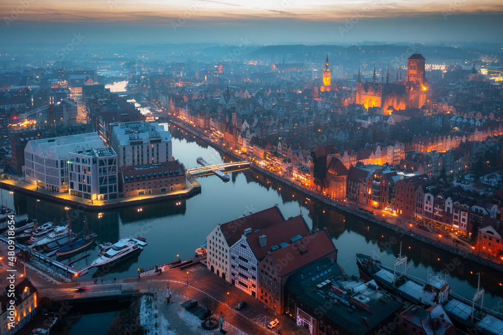 Beautiful sunset over the Main Town in Gdansk city, Poland