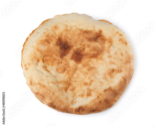 Loaf of delicious fresh pita bread on white background, top view