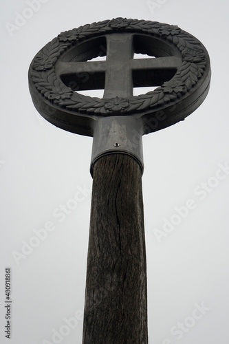Head of Irminsul monument at an old Saxonian sanctuary, symbolising axis mundi, Irmenseul, Lamspringe, Lower Saxony, Germany photo