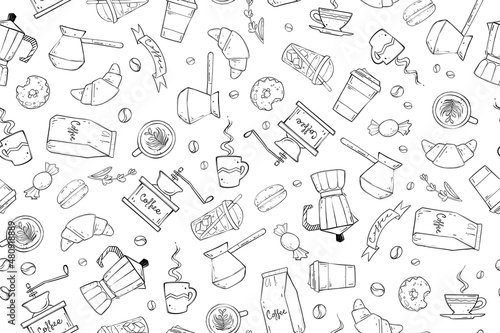Seamless pattern of coffee stuff in doodle style, monochrome vector illustration
