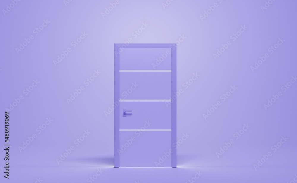 Closed purple door with light going through it, isolated on lavender background, front view. Realistic illustration modern interior wooden door in empty room, entrance doorway concept, 3d render Closed purple door with light going through it, isolated on lavender background, front view. Realistic illustration modern interior wooden door in empty room, entrance doorway concept, 3d render