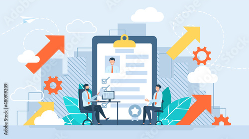 The concept of hiring, interview. Tiny people checking application form for employment. Checking the resume for hiring. Casting for the workplace. Search for employees, job search. Vector illustration
