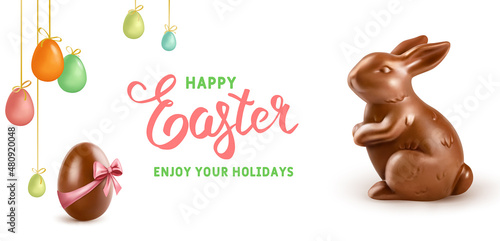 Happy Easter holiday. Chocolate Easter Rabbit with chocolate egg on beige background. Realistic vector illustration. Easter banner.