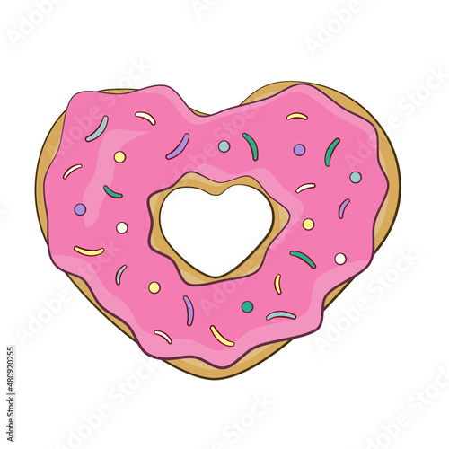 Heart-shaped donut.  Cartoon. Vector illustration. Isolated on white background