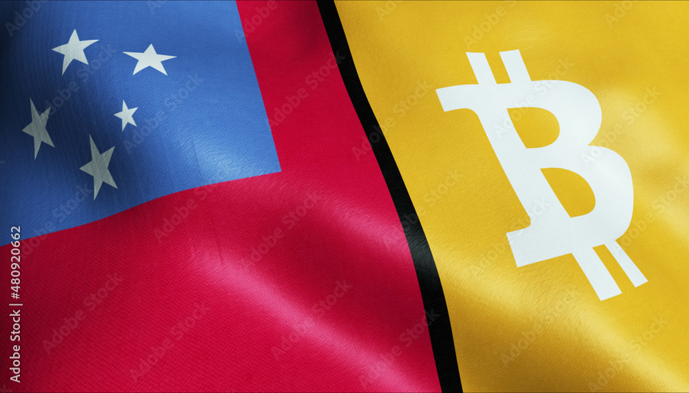 Naklejka premium 3D Waving Samoa and Bitcoin Flag