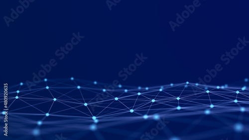 Futuristic blue wave with intertwined lines and dots. Lots of data. Musical flow of sounds. 3D rendering.