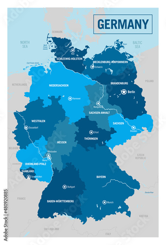 Germany country political map. Detailed vector illustration with isolated provinces, departments, regions, counties, cities, islands and states easy to ungroup. photo