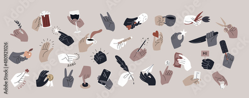 Set of colorful hands holding various stuff. Different operations and gestures. Hand drawn vector