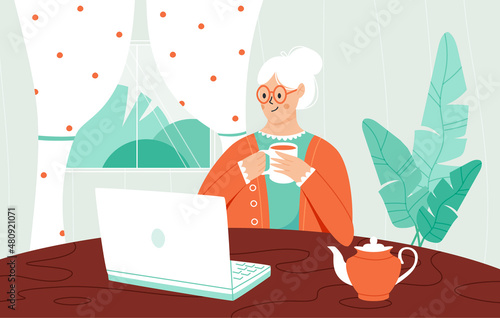 Elderly woman sitting at laptop flat illustration. Pensioner using technology banner design. Modern lifestyle and senior character background.