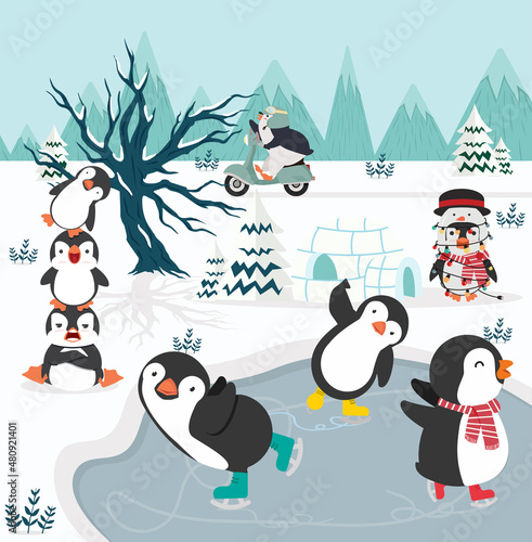 Happy Penguins ice skates on the lake