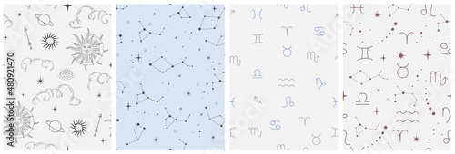 Vector seamless pattern with celestial mystic esoteric magic elements sun moon and clouds Different stages of moon, zodiac Signs. Alchemy tattoo template