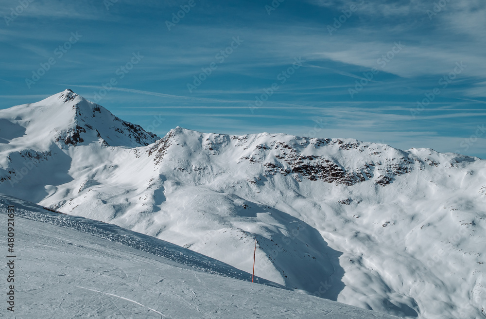 Beautiful panorama view of snowy mountain peaks near Livigno, Italy
