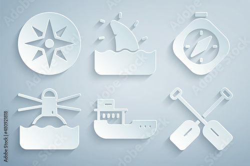 Wallpaper Mural Set Cargo ship, Compass, Lighthouse, Paddle, Shark fin in ocean wave and Wind rose icon. Vector Torontodigital.ca