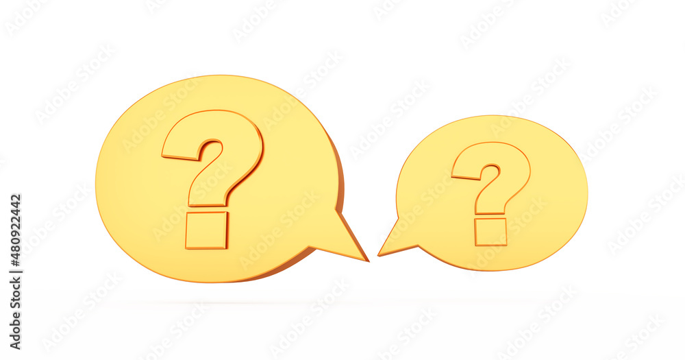 3D render of Chat question icon isolated on white background. golden Help speech bubble symbol. FAQ sign. 3D render of Chat question icon isolated on white background. golden Help speech bubble symbol. FAQ sign.