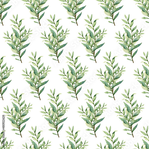 Watercolor greenery seamless pattern  floral texture on white background