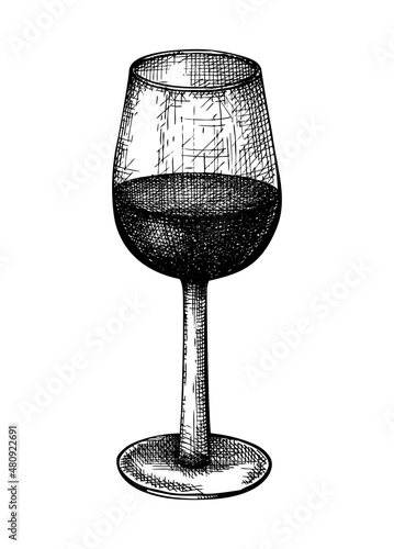 Hand-sketched red glass illustration. Vector sketch of the popular drink isolated on white background. Alcoholic drawing of wine glass for bar or restaurant menu design.
