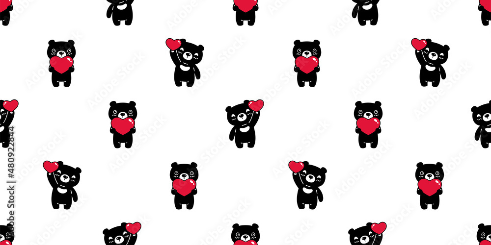 bear seamless pattern polar heart valentine vector teddy cartoon tile background  repeat wallpaper doodle illustration pet design black scarf isolated