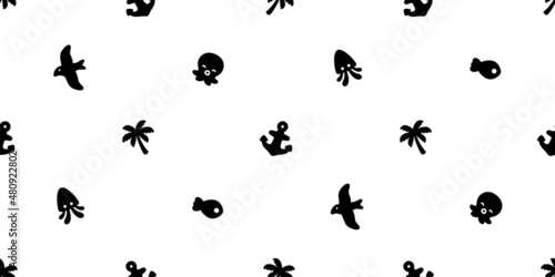 Anchor seamless pattern vector fish boat pirate bird octopus helm palm tree maritime Nautical sea ocean scarf isolated repeat wallpaper tile background design
