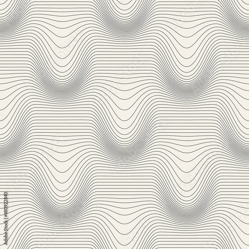 Vector seamless pattern. Abstract grunge texture with monochrome fluid stains. Creative linear background. Decorative design with thin distorted stripes.