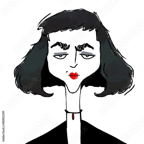 hand drawn caricature portrait of young stylish serious woman isolated on white