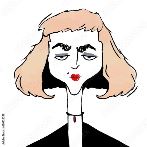 hand drawn caricature portrait of young stylish serious woman isolated on white