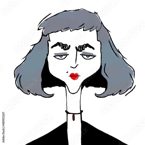 hand drawn caricature portrait of young stylish serious woman isolated on white