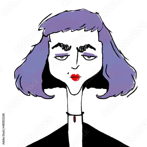 hand drawn caricature portrait of young stylish serious woman isolated on white