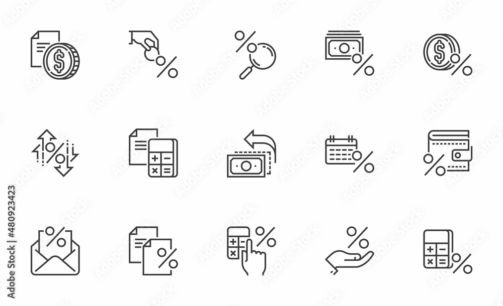 Set of Vector Line Icons Related to Tax. Interest Rate, Lending, Tax Return. Editable Stroke. 64x64 Pixel Perfect. Set of Vector Line Icons Related to Tax. Interest Rate, Lending, Tax Return. Editable Stroke. 64x64 Pixel Perfect.