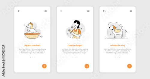 Pet grooming salon icon set for mobile app, site template. Cute dog beauty grooming salon, wash, care hair of pet. Doodle line style animal and character. Vector illustration.