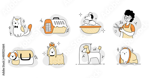 Pet grooming salon icon set. Cute dog beauty grooming salon, wash, care hair of pet. Doodle line style animal and character. Vector illustration. 