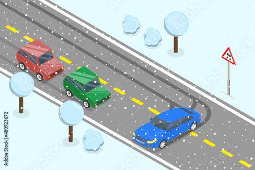 3D Isometric Flat Vector Conceptual Illustration of Slippery or Icy Road