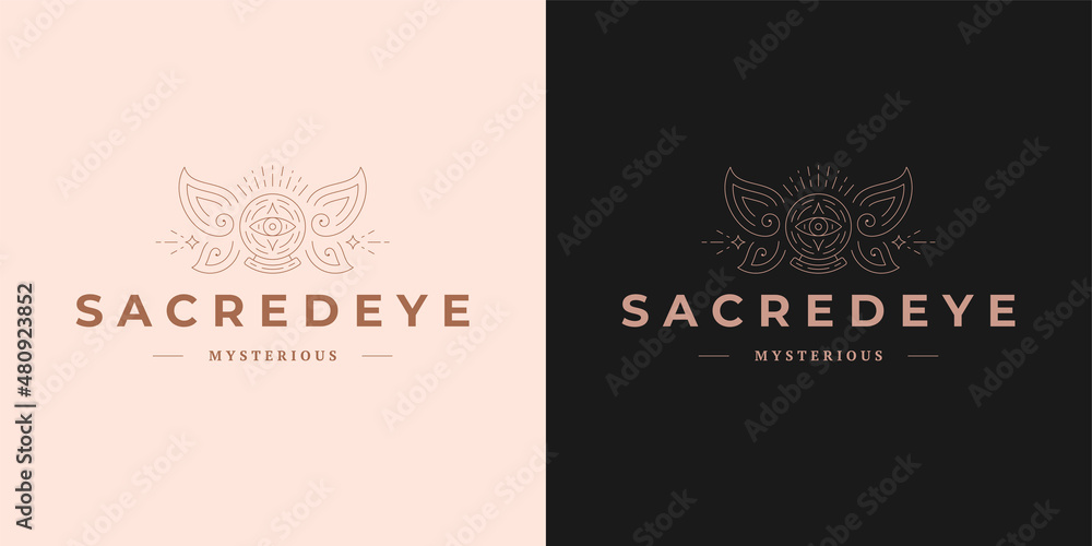 Magic crystal ball with wings logo emblem design template vector illustration in minimal line art style