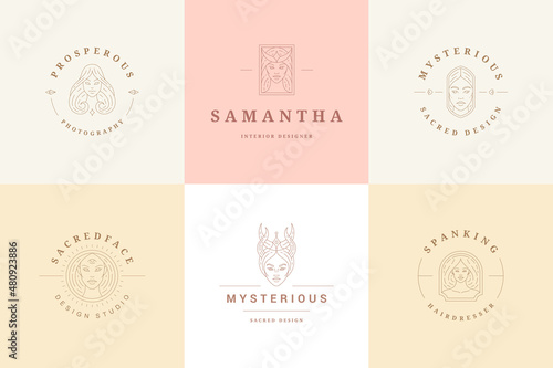 Feminine logos emblems design templates set with magic female portraits vector illustrations minimal linear style