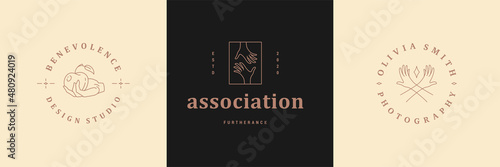 Feminine logos emblems design templates set with female hands gestures vector illustrations minimal line art style
