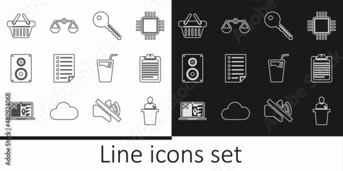 Set line Speaker, Clipboard with document, Key, Document, Stereo speaker, Shopping basket, Glass water and Scales of justice icon. Vector