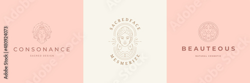 Fotografie, Obraz Feminine logos emblems design templates set with magic female portraits vector illustrations minimal linear style