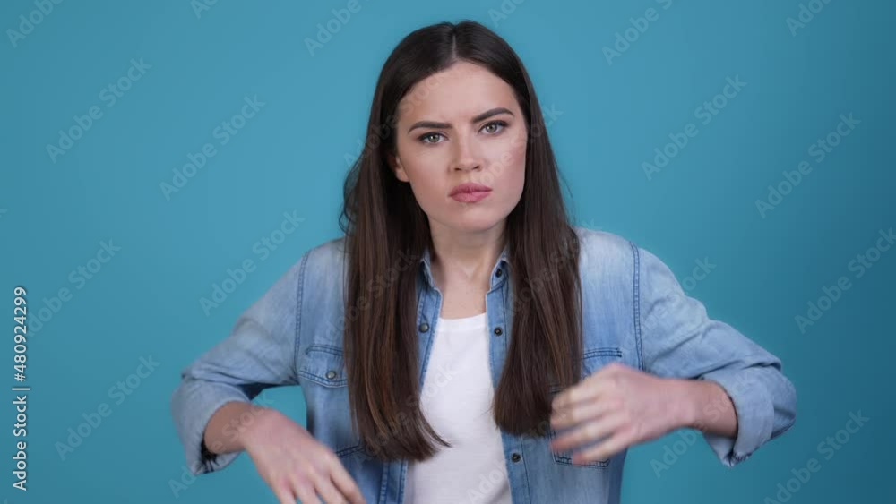 Outraged lady annoyed mistake isolated blue color background