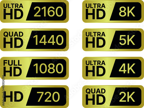 HD labels set - Full, Ultra, Quad, HD high definition badge. 8K, 5K, 4K, 2K, 2160, 1440, 1080, 720 pixel resolution of screen. PC and TV ratio screen. All vector illustrator badge labels.