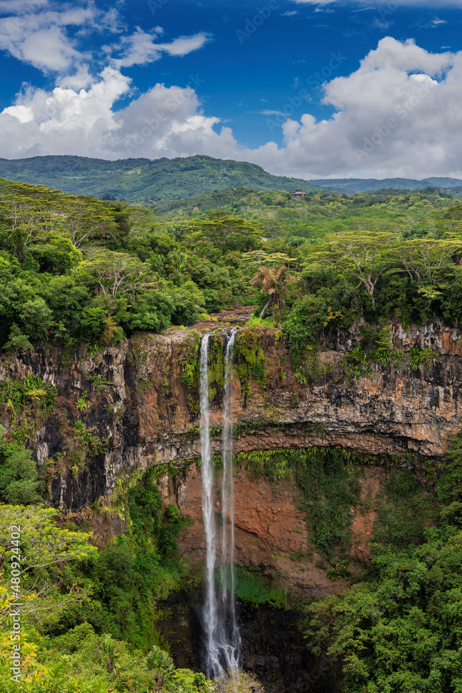 Chamarel Waterfall in the jungle in tropical island of Mauritius.