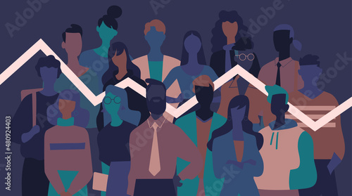 Gruppo di giovani persone, donne e uomini. Grafico statistico sulla popolazione